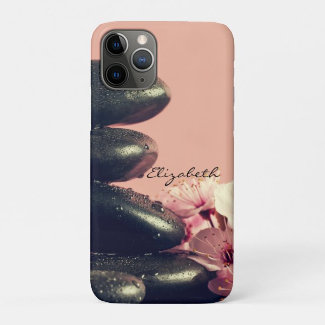 Capa Para iPhone 11 Pro Pedras Zen Pretas Flores (Verso)