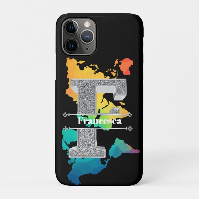 Capa Para iPhone 11 Pro Personalizado F Monograma Inicial do Prata Seu Nom (Verso)