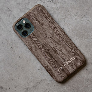 Capa Para iPhone 11 Pro Personalizado Grão de Madeira Falso Marrom Escuro
