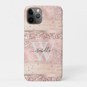 Capa Para iPhone 11 Pro Pinceladas de Pincel em Dourado Rosa Glitter Monog