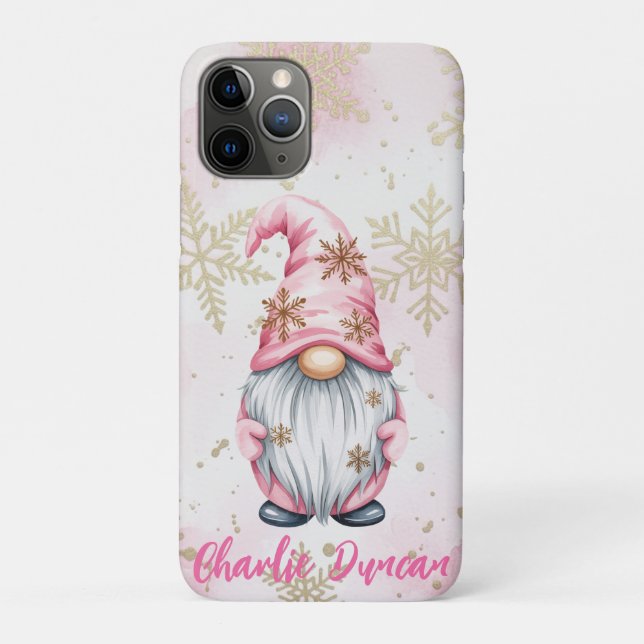 Capa Para iPhone 11 Pro Pink Christmas Gnome Gold Snowflakes (Verso)