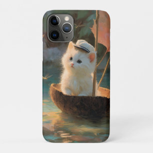 Capa Para iPhone 11 Pro Pintura de um gatinho branco fofinho navegando em