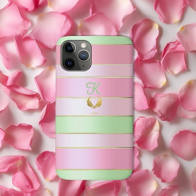 Capa Para iPhone 11 Pro Posh Monogrammed Pastel Pink and Green  (Luxe Pastel Pink and Green Phone Case )
