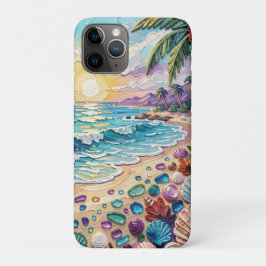 Capa Para iPhone 11 Pro Praia Impasto e Vidro do Mar Pôr do Sol e Nascer d