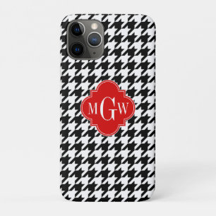 Capa Para iPhone 11 Pro Preto Quatrefoil Vermelho Quadrado 3 Monograma