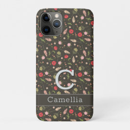 Capa Para iPhone 11 Pro Preto Vermelho Cor-de-rosa Floral Mínimo Elegante 