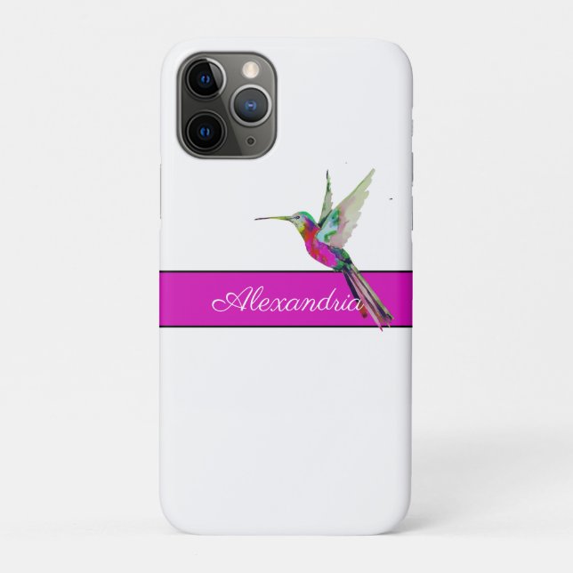 Capa Para iPhone 11 Pro Púrpura Rosa Hummingbird Monograma Nome (Verso)