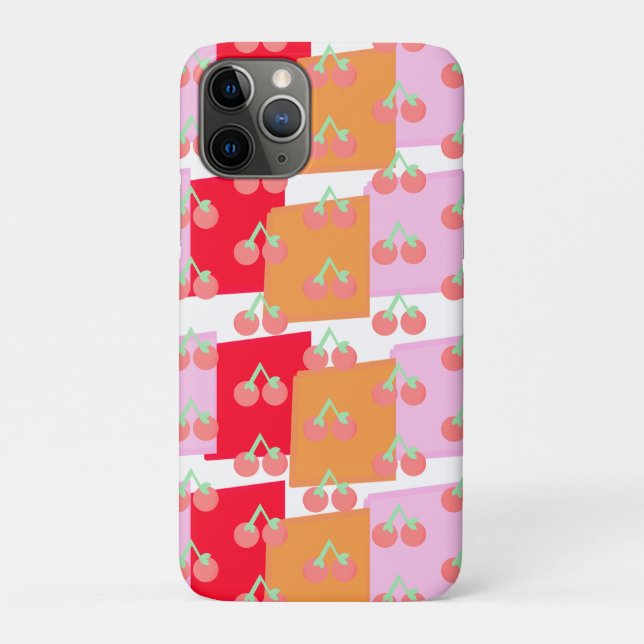 Capa Para iPhone 11 Pro Quadrados Caprichosos Cerejas Vermelhas Laranja Ro (Verso)