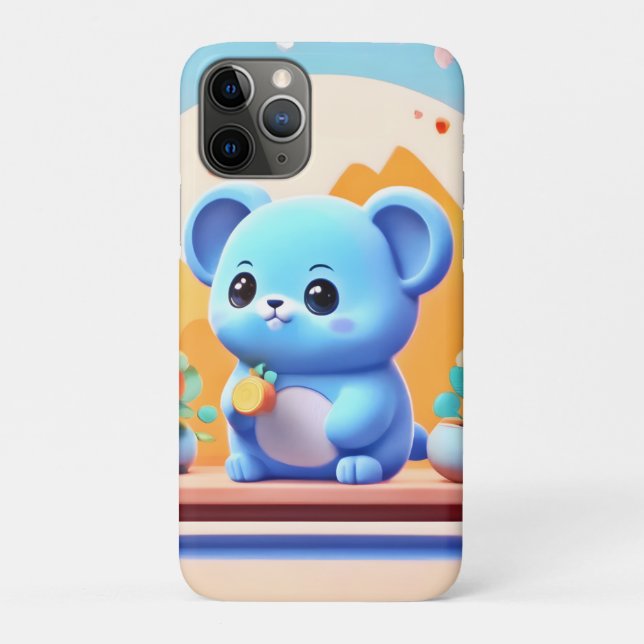 Capa Para iPhone 11 Pro Rato Azul Fofo com Flores (Verso)