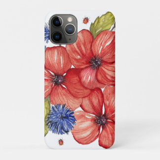 Capa Para iPhone 11 Pro Red Poppy and Blue Cornflower Watercolor