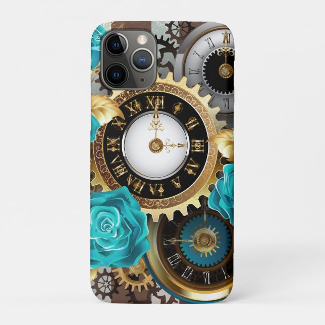 Capa Para iPhone 11 Pro Relógio e Rosas de Turquesa em Striping (Verso)