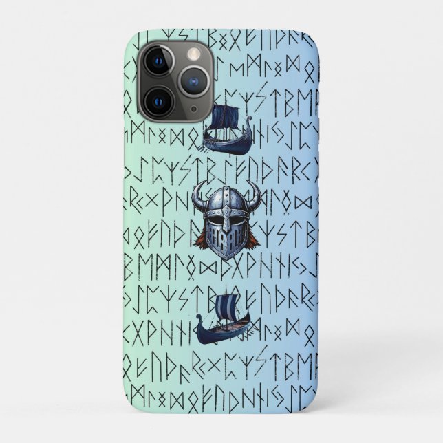 Capa Para iPhone 11 Pro Repeating Viking Ships and Helmet Design over Rune (Verso)
