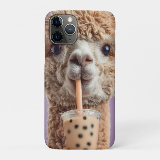 Capa Para iPhone 11 Pro Retrato de Alpaca Fofa Bebendo Chá Bubble Boba (Verso)