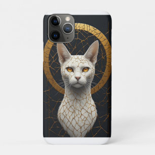 Capa Para iPhone 11 Pro Retrato de Gato Branco com Halo Geométrico Dourado