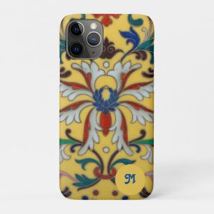 Capa Para iPhone 11 Pro Retro Vintage Amarelo Botânico Floral Monograma