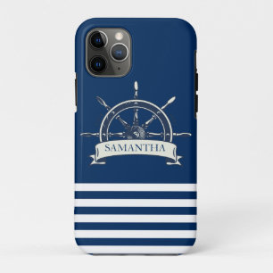 Capa Para iPhone 11 Pro Roda de Barco Náutico, Listras Azul-Marinho