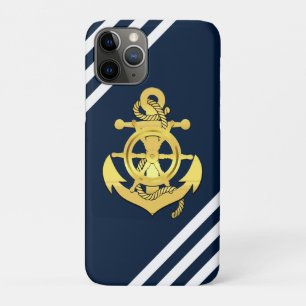Capa Para iPhone 11 Pro Roda/marinho de ancoragem/barra azul-náutica/ouro