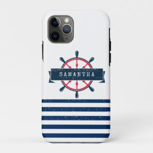 Capa Para iPhone 11 Pro Roda Náutica Do Barco, Marinho Blue Stripes
