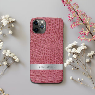 Capa Para iPhone 11 Pro Rosa cor-de-rosa de metal prata digital de couro