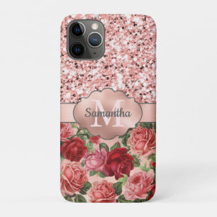 Capa Para iPhone 11 Pro Rosa Floral rosa Glitter Dourado Monograma