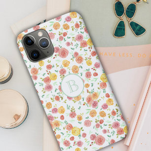 Capa Para iPhone 11 Pro Rosas de aquarela com monograma