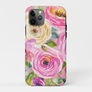 Capa Para iPhone 11 Pro Rosas de aquarelas em rosa e creme cor-de-rosa