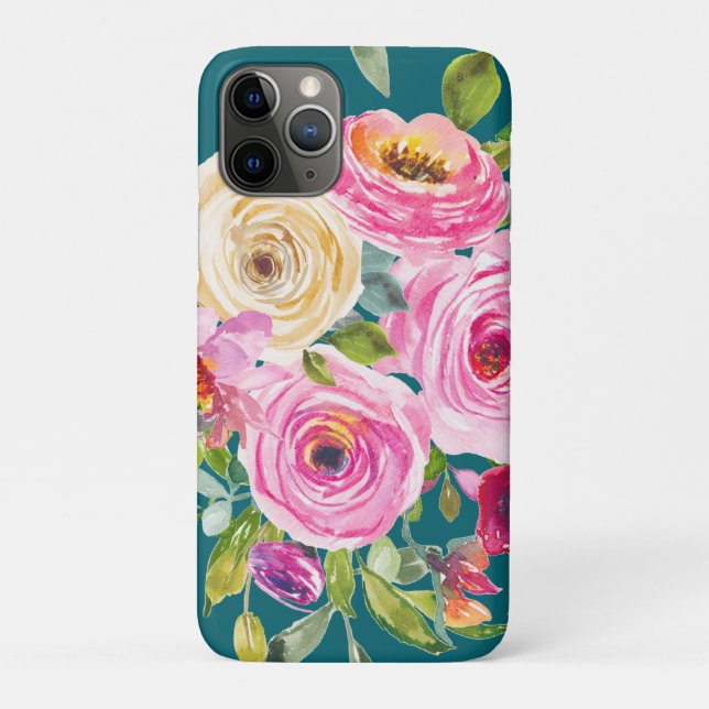 Capa Para iPhone 11 Pro Rosas de aquarelas em rosa e creme no chão (Verso)