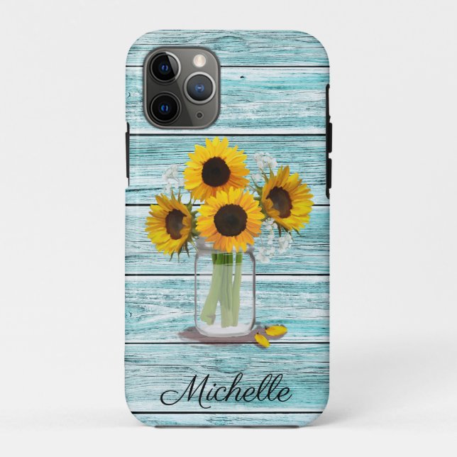 Capa Para iPhone 11 Pro Rustic Sunflower Mason Jar (Verso)
