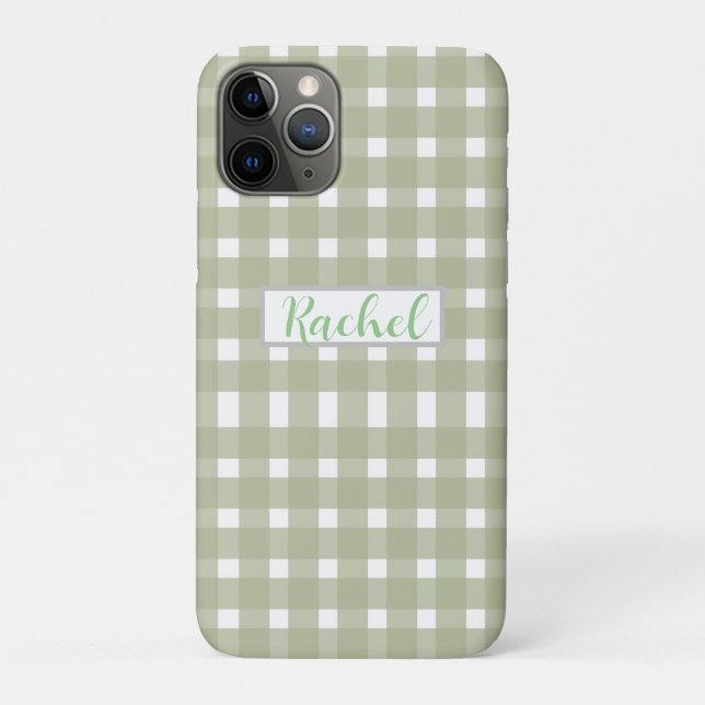 Capa Para iPhone 11 Pro Sage Green White Gingham Personalizado (Verso)