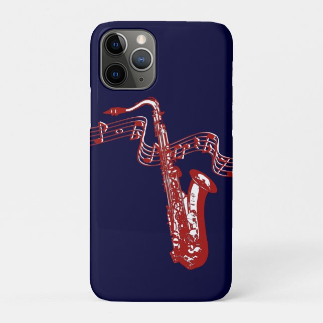 Capa Para iPhone 11 Pro Saxofone Vermelho e notas em Fundo Azul (Verso)
