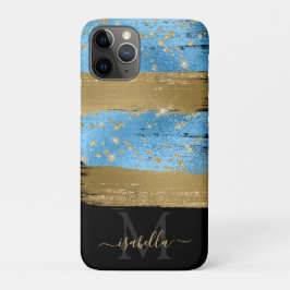 Capa Para iPhone 11 Pro Script Dourado brilhante azul monograma