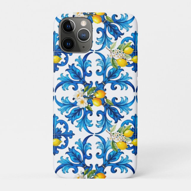 Capa Para iPhone 11 Pro Siciliano,verão,limão,mosaico,azul, (Verso)