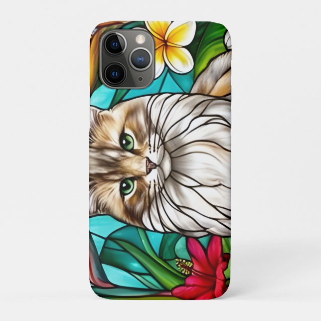 Capa Para iPhone 11 Pro Stained-Glass Cat Portrait Elegant Longhair Cat (Verso)
