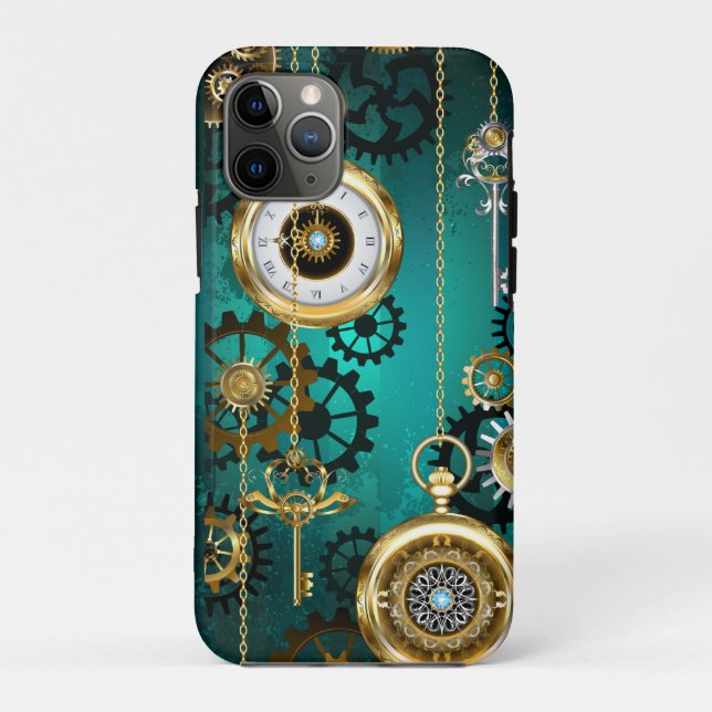Capa Para iPhone 11 Pro Steampunk Jewelry Watch em um fundo verde (Verso)