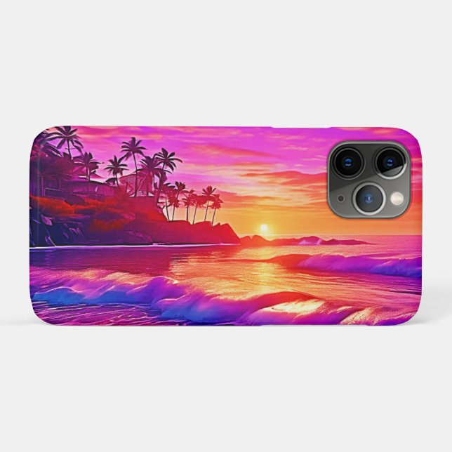 Capa Para iPhone 11 Pro Sunset tropical: Arte com brilho na praia (Verso (horizontal))