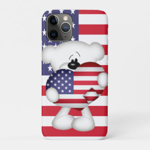 Capa Para iPhone 11 Pro Teddy Bear e Big USA Flag Heart