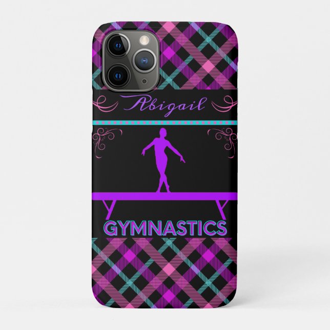 Capa Para iPhone 11 Pro Trave de Ginástica Rosa Roxo Turquesa Tartan (Verso)