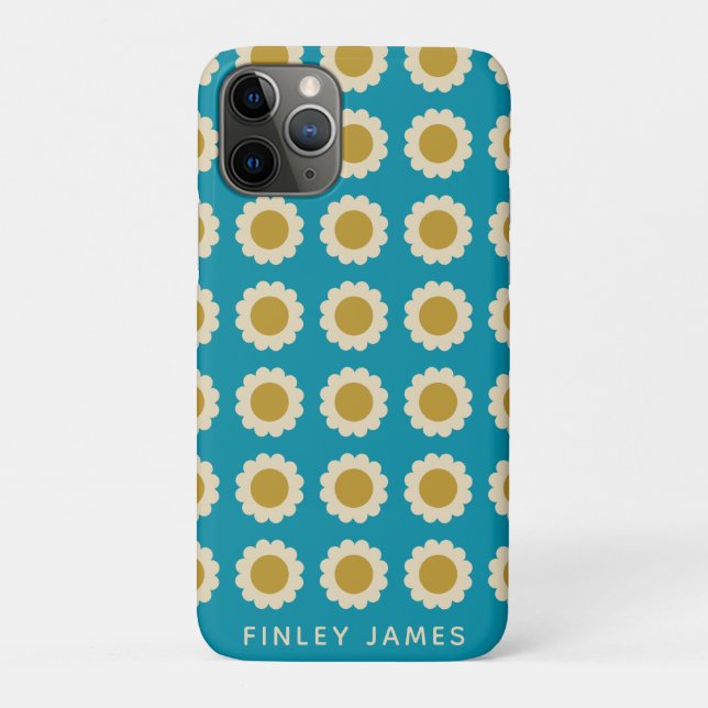 Capa Para iPhone 11 Pro Turquesa de Padrão de Flores de Pop Retrovisores P (Verso)