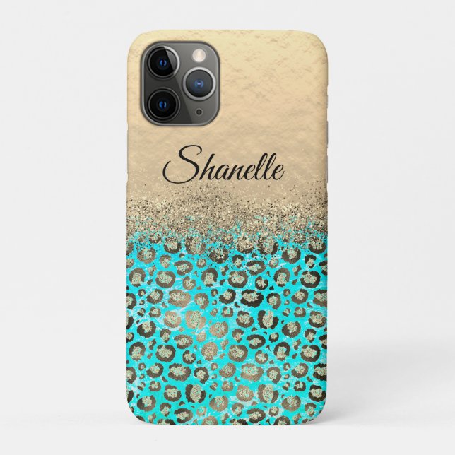 Capa Para iPhone 11 Pro Turquesa Leopardo com brilho    (Verso)
