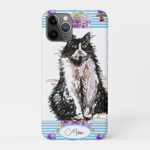 Capa Para iPhone 11 Pro Tuxedo Cat Black and White Cats Girls Blue Floral