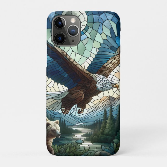 Capa Para iPhone 11 Pro Urso Mosaico e Águia nas Montanhas (Verso)
