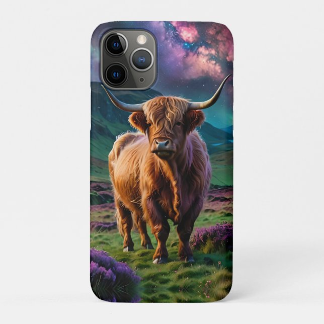 Capa Para iPhone 11 Pro Vaca Highland Sob As Estrelas (Verso)