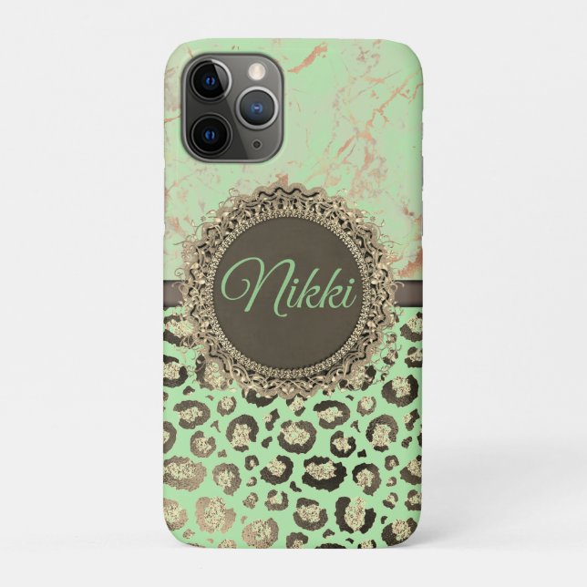 Capa Para iPhone 11 Pro Verde limão Marble Glittery Lepard (Verso)