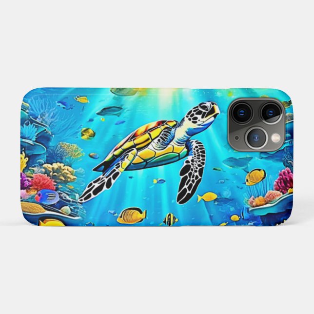 Capa Para iPhone 11 Pro Vibrant Sea Turtle Reef Art (Verso (horizontal))