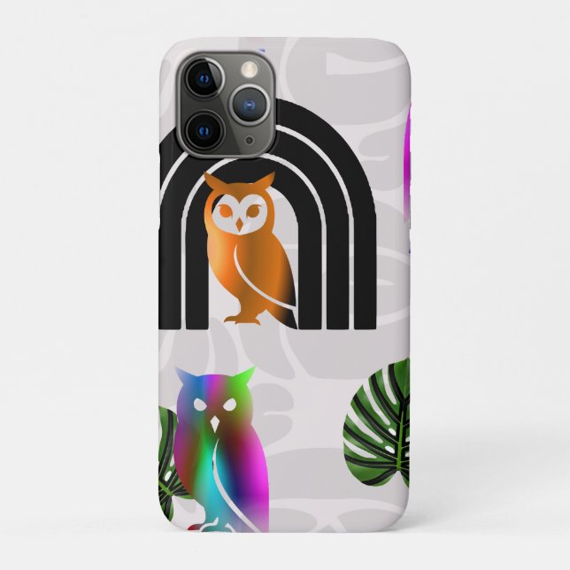 Capa Para iPhone 11 Pro Whimsical Boho Owl & Tropical Monstera Leaf (Verso)