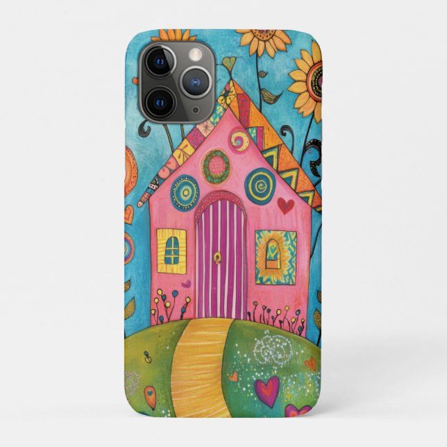 Capa Para iPhone 11 Pro Whimsical Folk Art House (Verso)