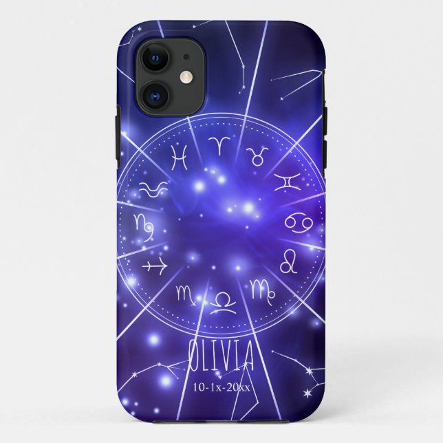 Capa Para iPhone 11 Product: Personalized Luminous Blue Cosmic Zodiac  (Verso)