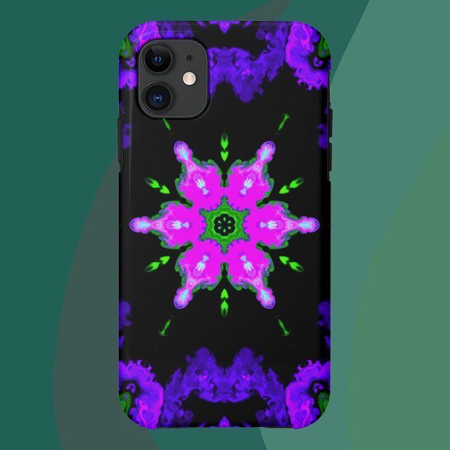 Capa Para iPhone 11 Psicodélica Flor Hippie Rosa Púrpura e Verde (Criador carregado)