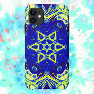Capa Para iPhone 11 Psicodélico Flor de Mandala Azul e Amarelo