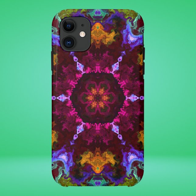 Capa Para iPhone 11 Psicodélico Mandala Flor Púrpura Laranja e Verde (Criador carregado)